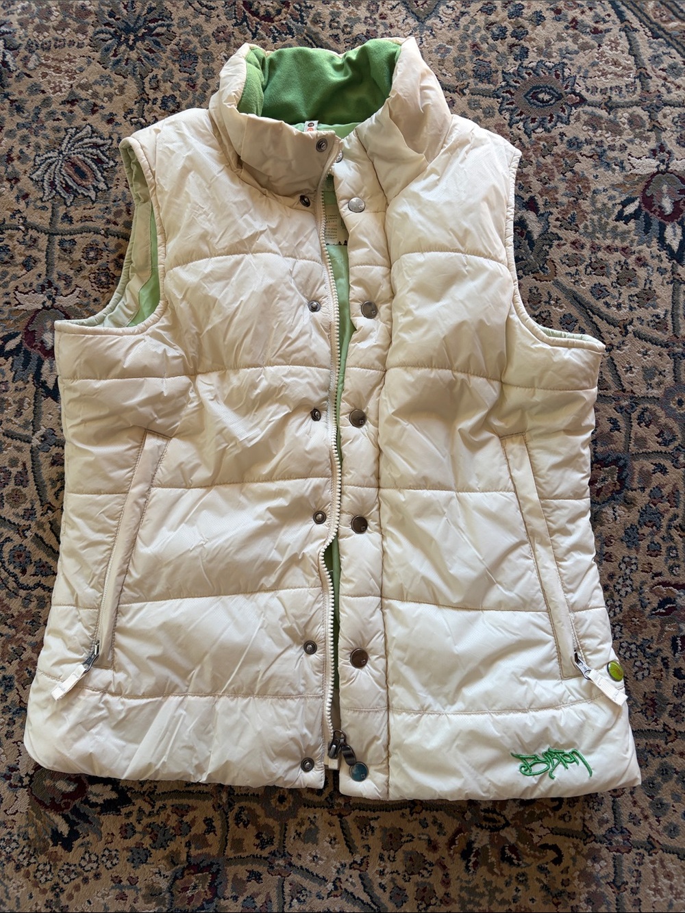 Burton Cream Puffer Vest with Green Lining